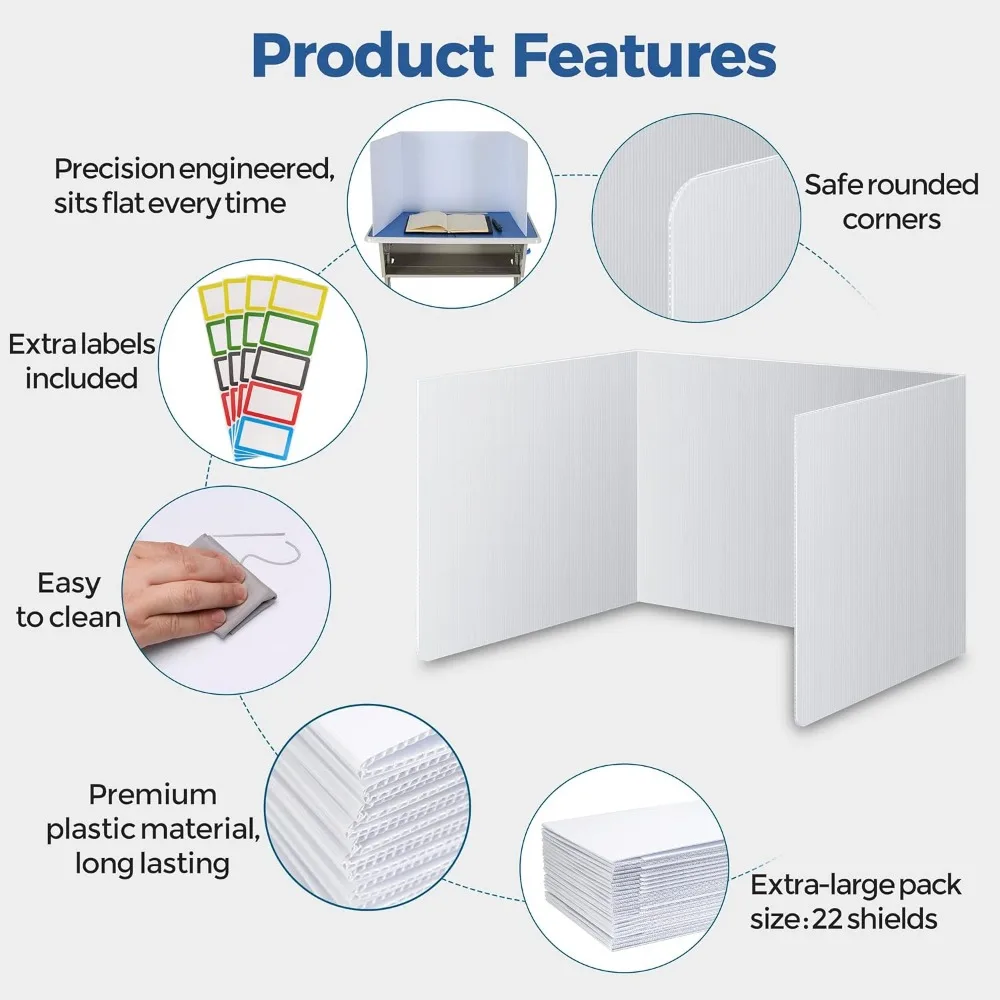 22 Pack Classroom Privacy Shields for Student Desks - Easy Clean Plastic Sneeze Guard Desk Divider Study Carrel with Labels