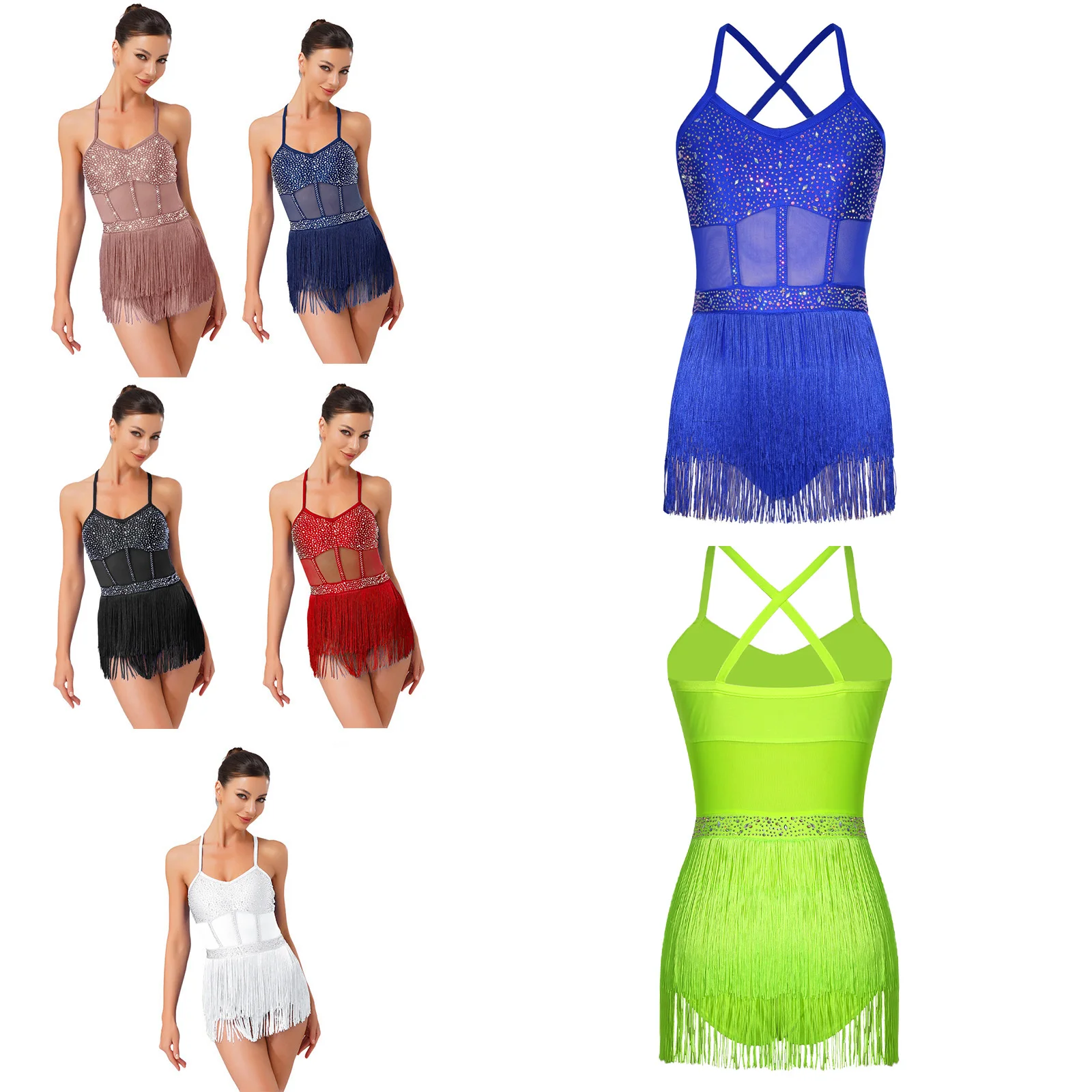 女性ラインストーンラテンタンゴダンスレオタードドレスシアーメッシュパッチワークタッセルフリンジチャチャサンバルンバラテンドレスダンスウェア