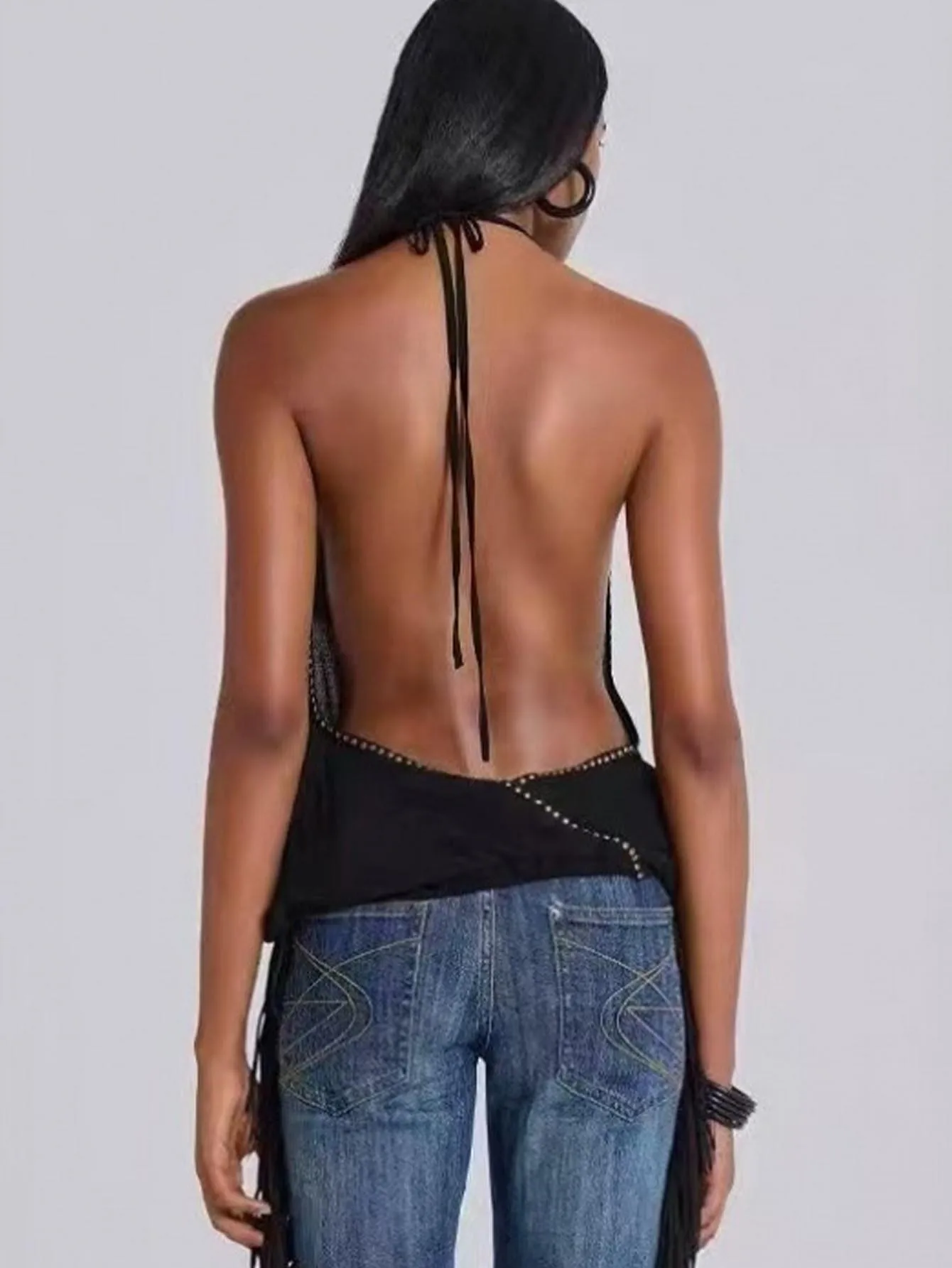 Summer Europe and America Cross border Sleeveless Hanging Neck Swinging Collar Bareback Solid Color Top Riveted Sexy Women Vest