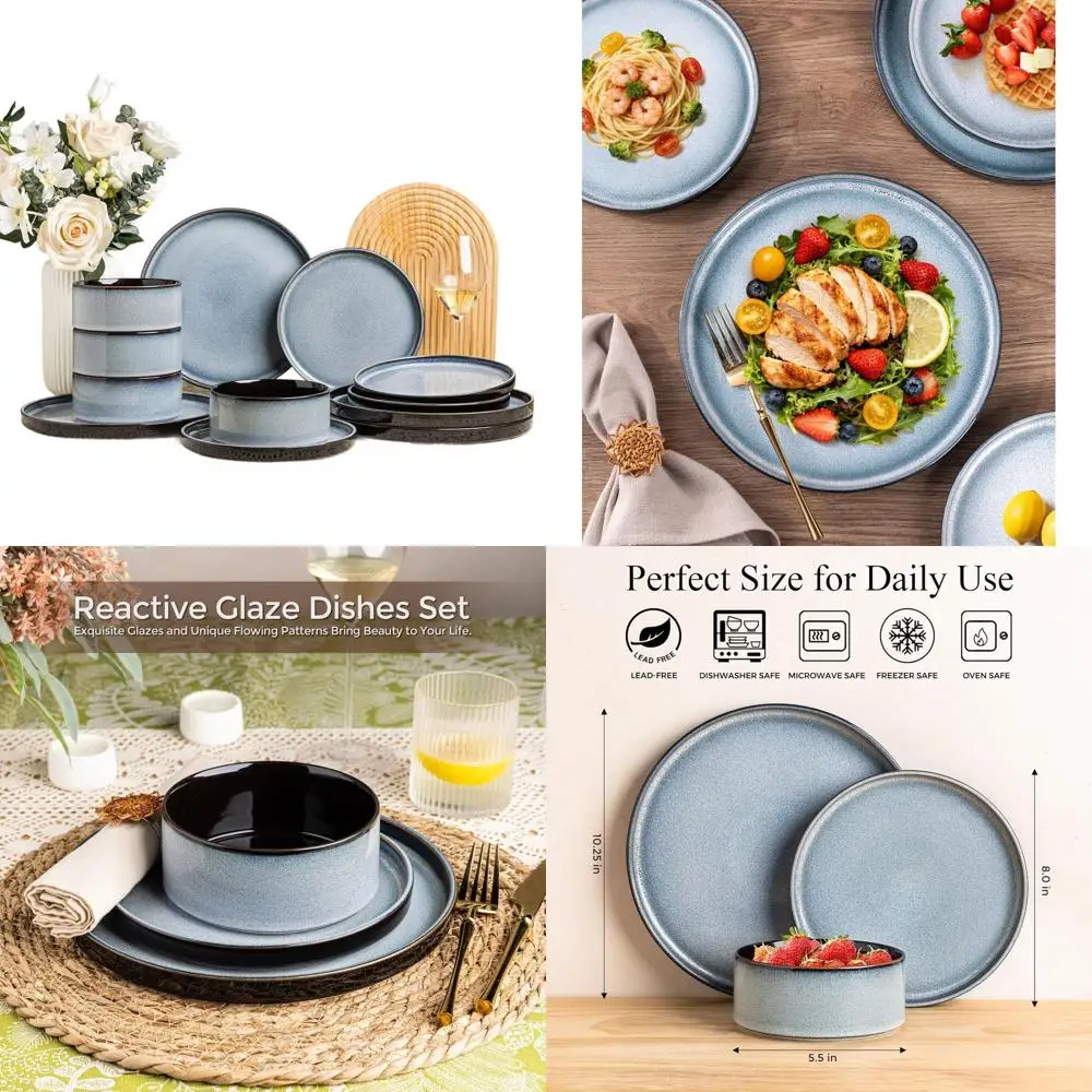 

4-Piece Round Reactive Glazed Ceramic Dinnerware Set | Dishwasher and Microwave Safe, Service for 4 (12pc) - Gray & White