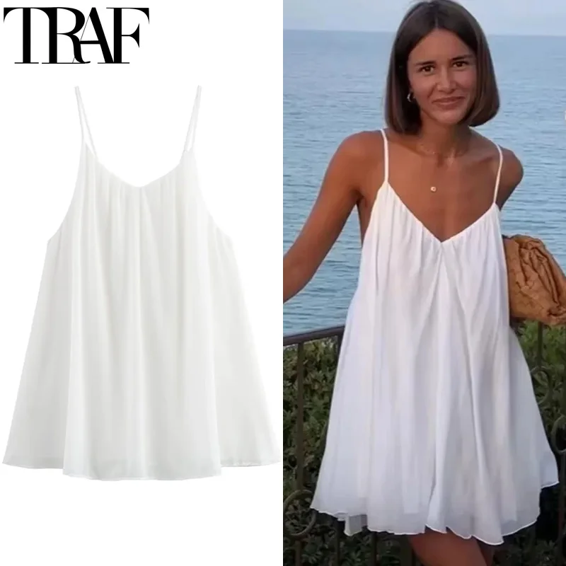 TRAF Women Dresses 2024 Slip White Mini Dress Woman Summer Sleeveless Short Dresses Sexy Daring Backless Beach Holiday Dresses