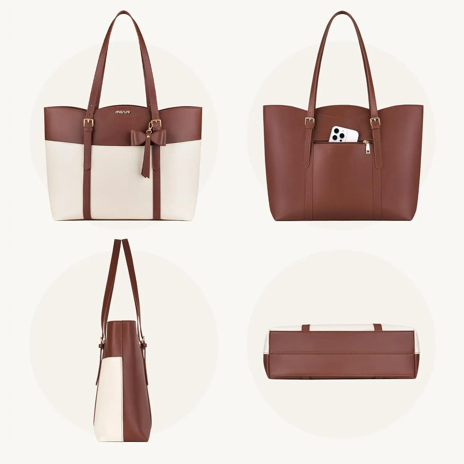 MOSISO Tote Bag for Women15.6 inch PU Leather Large Capacity Work Handbag with Bowknot Waterproof Bags for Business Office