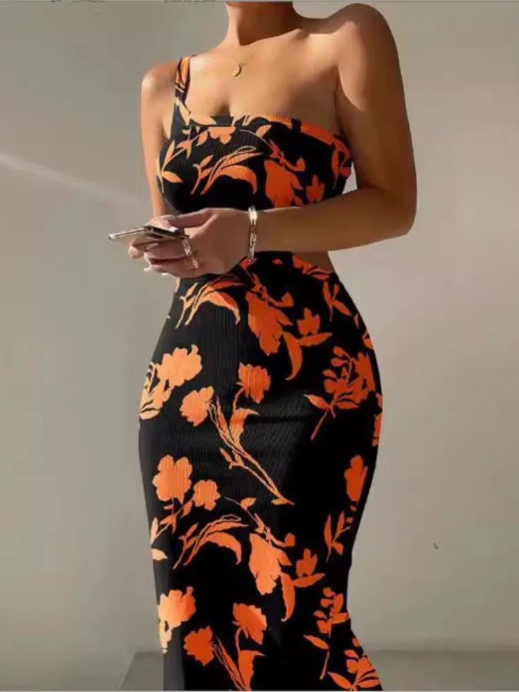 Print One Shoulder Spaghetti Strap Dresses Women Sexy Hollow Out Backless Package Hip Bodycon Dress Fashion Trendy Lady Vestidos