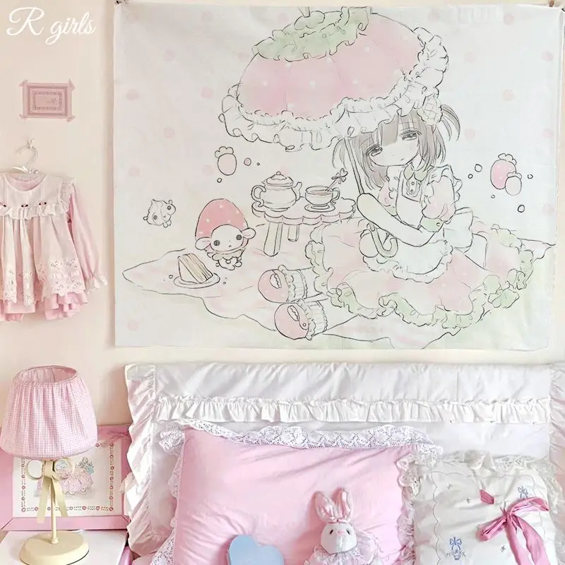 VIKAMA Sketch Bunny Girl Wall Tapestry Line Art Wall Hanging Backdrop Kawaii Dorm Bedroom Background Wall Decor