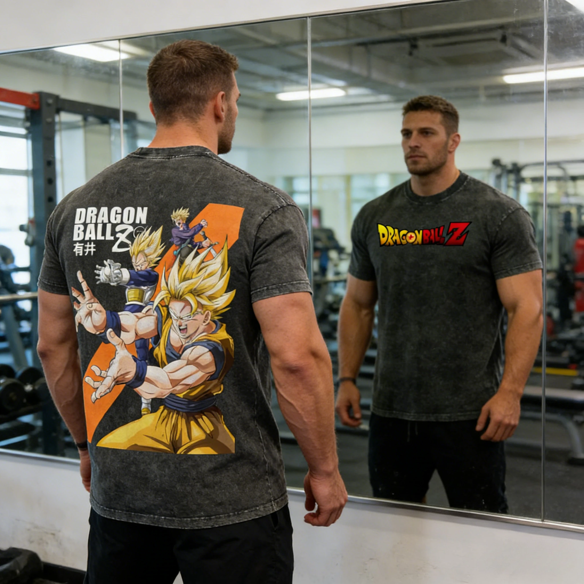 2026 Sommer Dragon Ball Goku Print Herren Washed T-Shirt aus 100% Baumwolle, Vintage Oversized Heavyweight Gym Retro Familien-Matching-T-Shirt