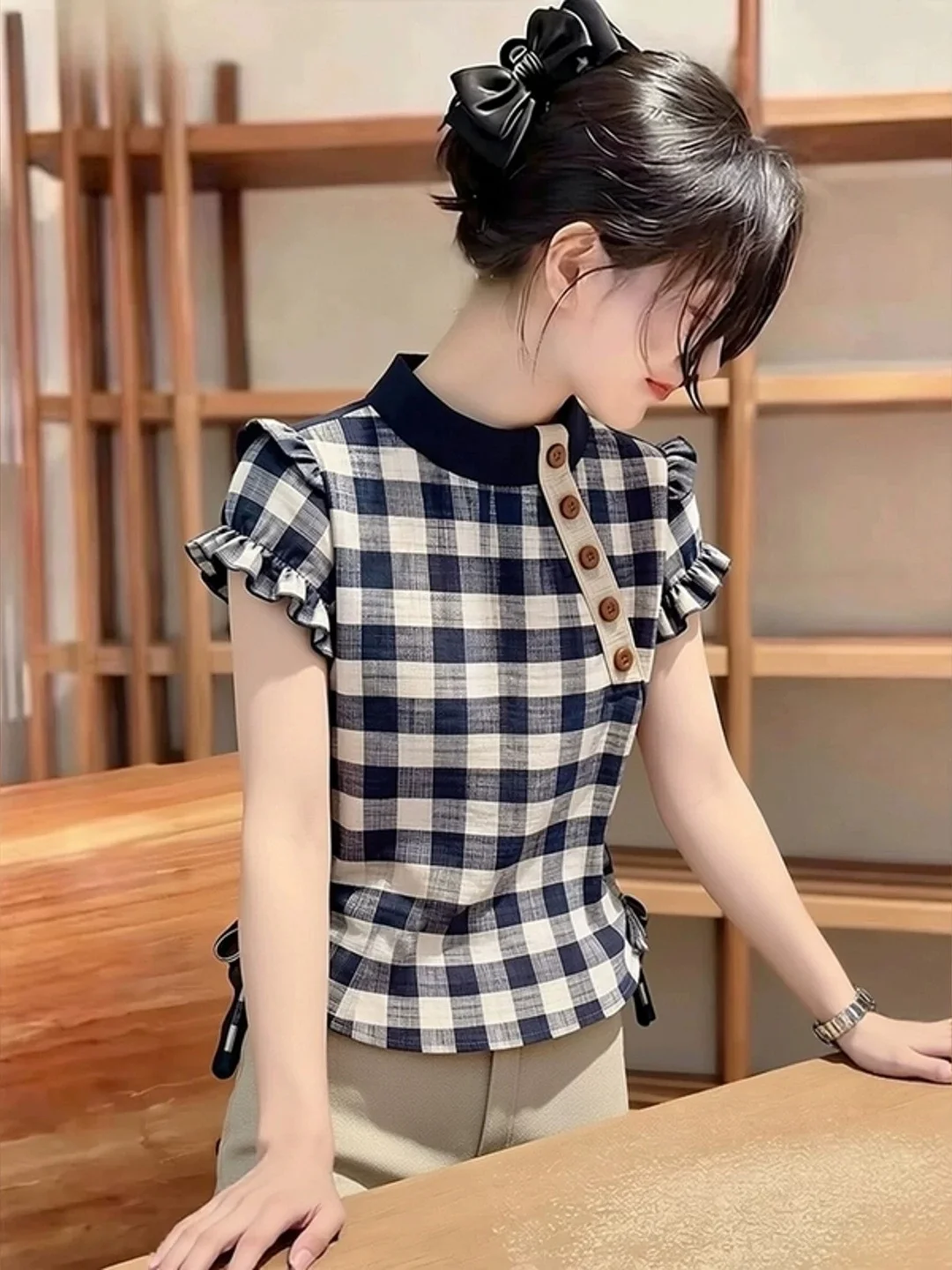 

Elegant Vintage Plaid Shirt Chic Lace Trim Shoulder Design Slimming Korean Style Silk Top for Women Summer 2026 Fashion Trend