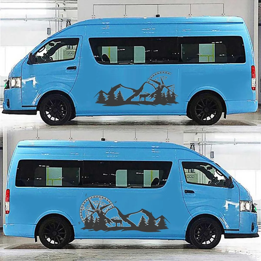 2X Body Sticker Decal Large Compass Navigation With Mountain Deer For Camper Van Motorhome Black