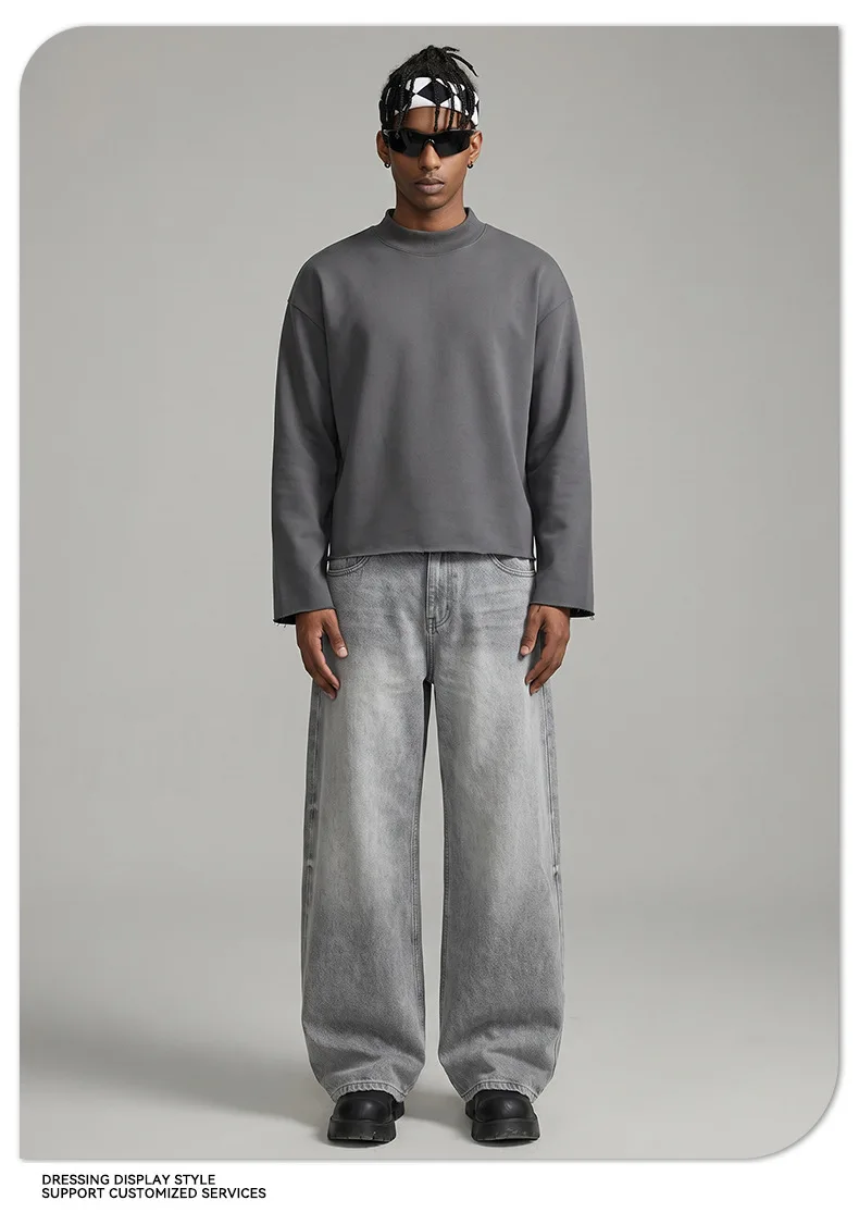Heavy Autumn and Winter Solid Color Sweater Men's Hem Rough Edge Retro Semi-turtleneck American Pullover Sweater