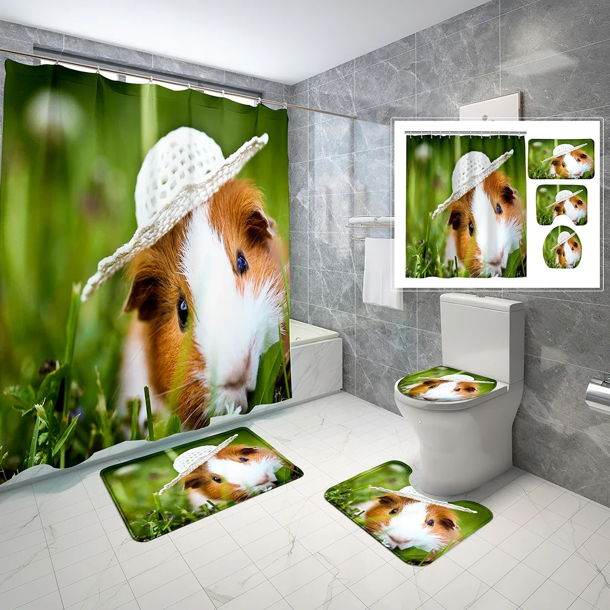 4 Pcs Guinea Pig Shower Curtain Sets Lovely Pet Animal Theme Non-Slip Bath Mat Toilet Cover Waterproof Shower Curtain Set