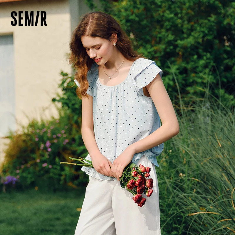 Semir Korte Mouw Blouse Vrouwen Crop Top U-hals Polka Dot Borduren Ontwerp 2025, Nieuwe Zomer Zoete Bubble Mouw top