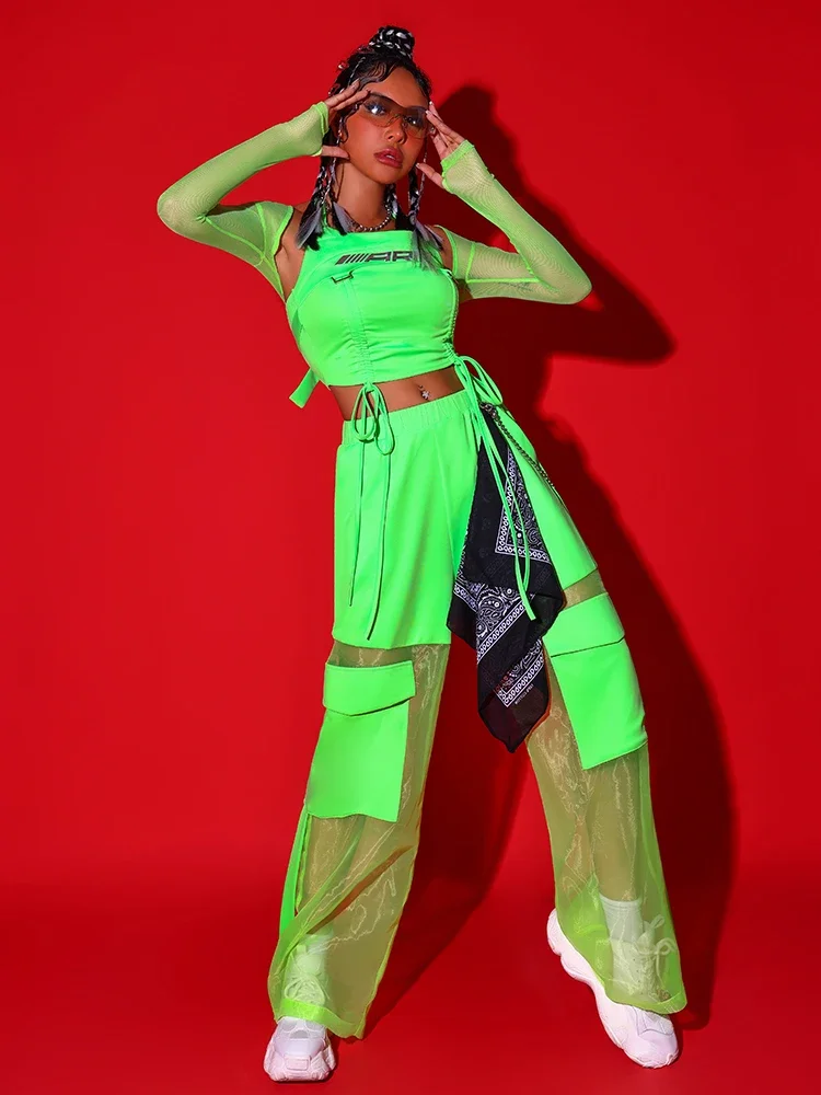 

Fluorescent Green Hip Hop Clothes Adult Women Kpop Jazz Dance Costume Gogo Dancer Performance Wear Party Rave Outfit DL10964