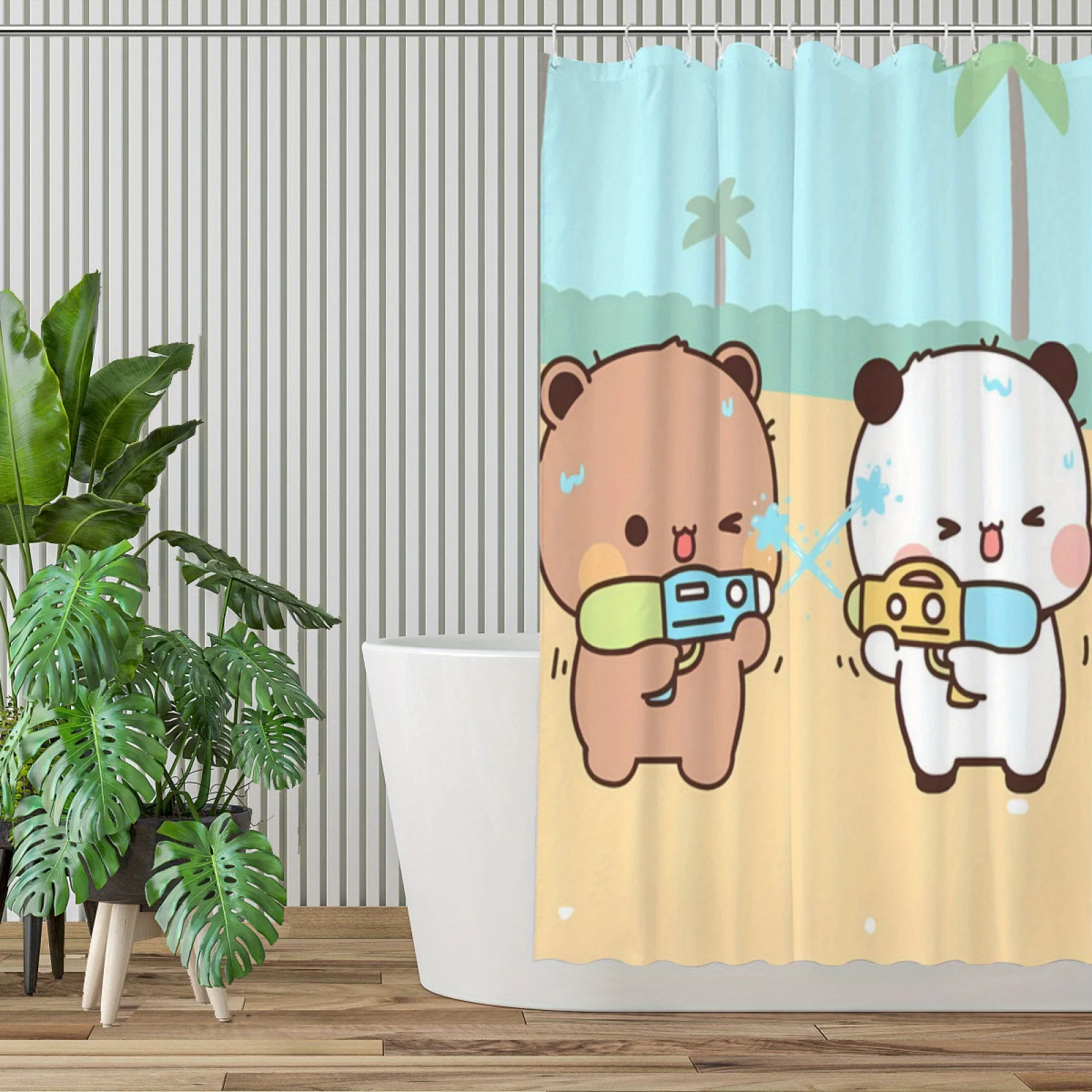 Cute Cartoon Bear & Panda Shower Curtain, Kawaii Summer Beach Waterproof Bath Curtain, Sweet Animal Bathroom Decor for Kids