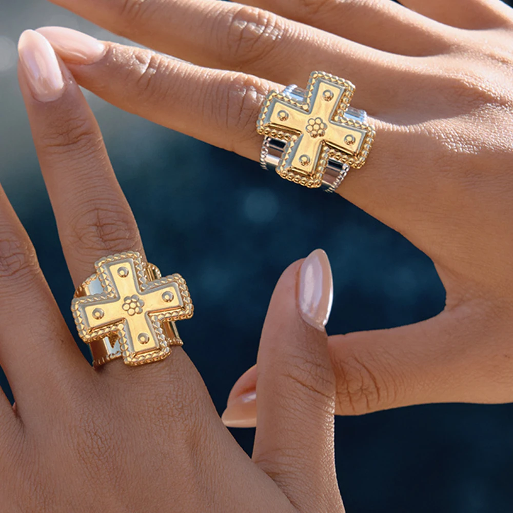 YHTOT Fashion Cross Ring Stainless Steel Waterproof Wide Fried Dough Twists Ring Daily Commuting Ladies Jewelry Gift for Her