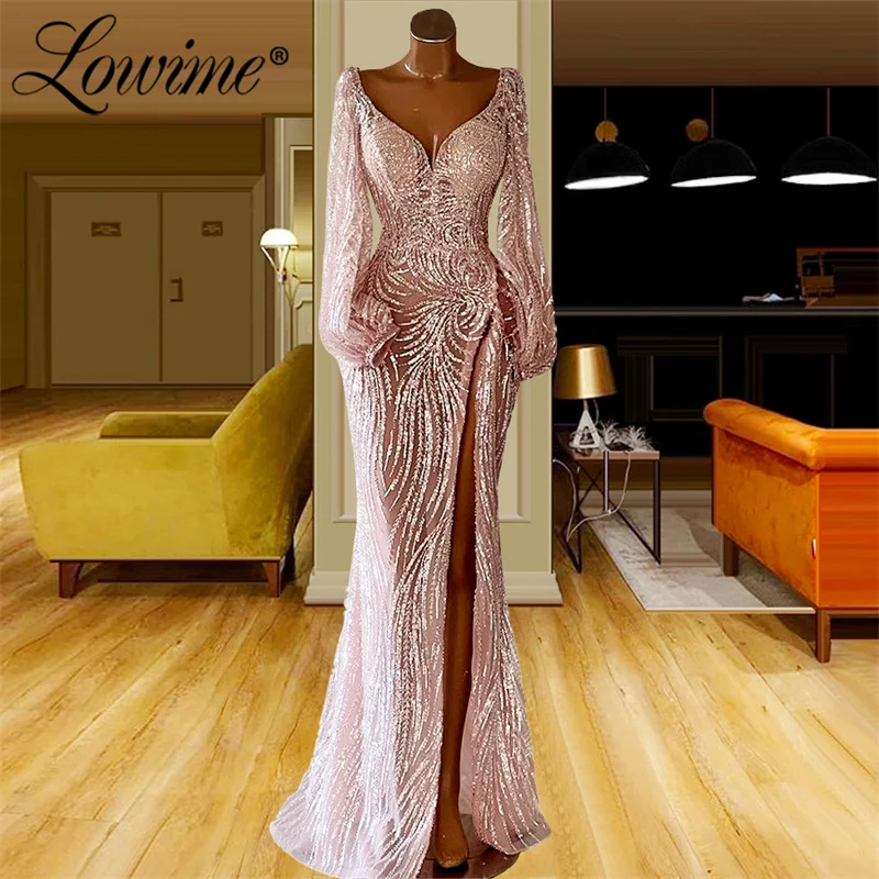 Lowime lantejoulas sereia vestidos de noite longo luxo 2022 celebridade vestido com decote em v mangas completas alta divisão lado vestido de baile vestido de festa