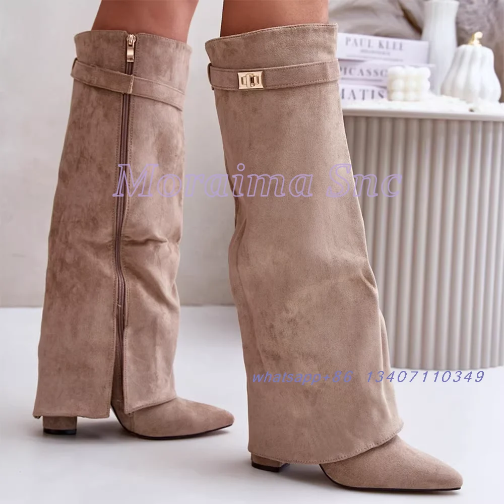 Metal Buckle Turned-over Edge Knee High Boots Pointed Toe Block Chunky Heel  Side Zipper Fashion Women Long Boots Autumn Winter