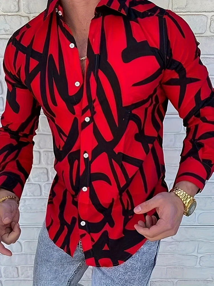 

Модная мужская рубашка на пуговицах с лацканами, повседневный дизайн, текстурированный принт, уличная мужская рубашка с длинными рукавами большого размера, свободная рубашка с длинными рукавами