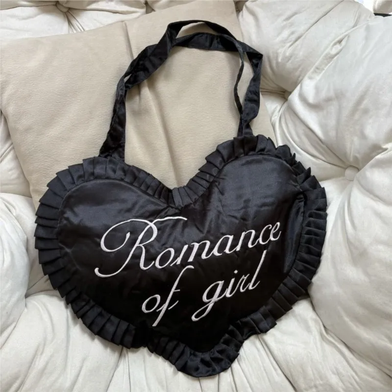 

Japanese Heart Black Handbag Women Lolita Ruffled Shoulder Bag Ladies Large Capacity Embroidered Letter Zipper Underarm bag 2025
