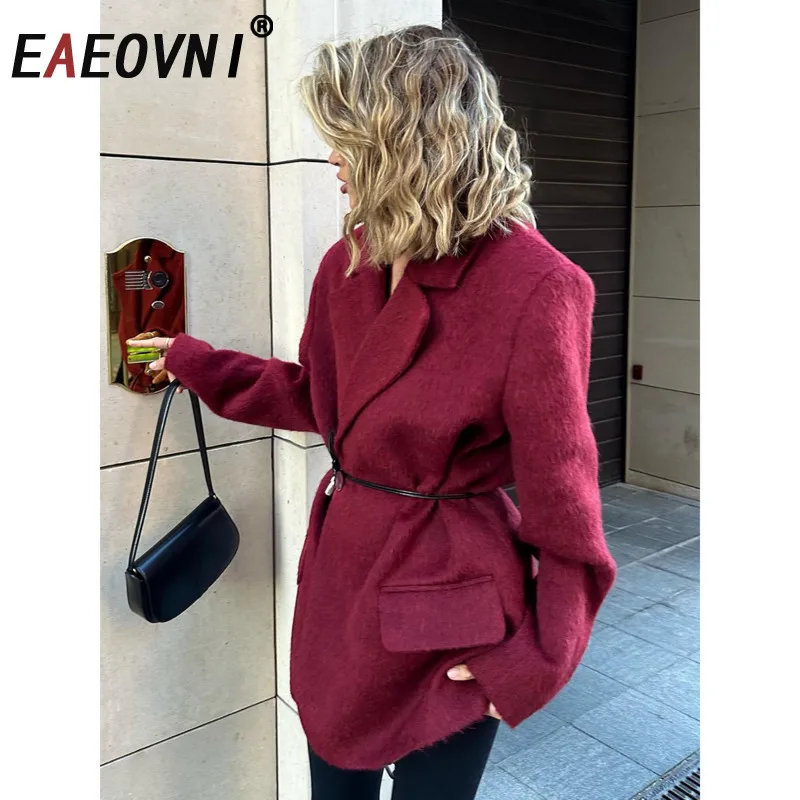 

EAEOVNI Red Fashion Woolen Blazer Coat Women Notched Collar Double Button Solid Color Autumn Winter New Coat Female Clothing