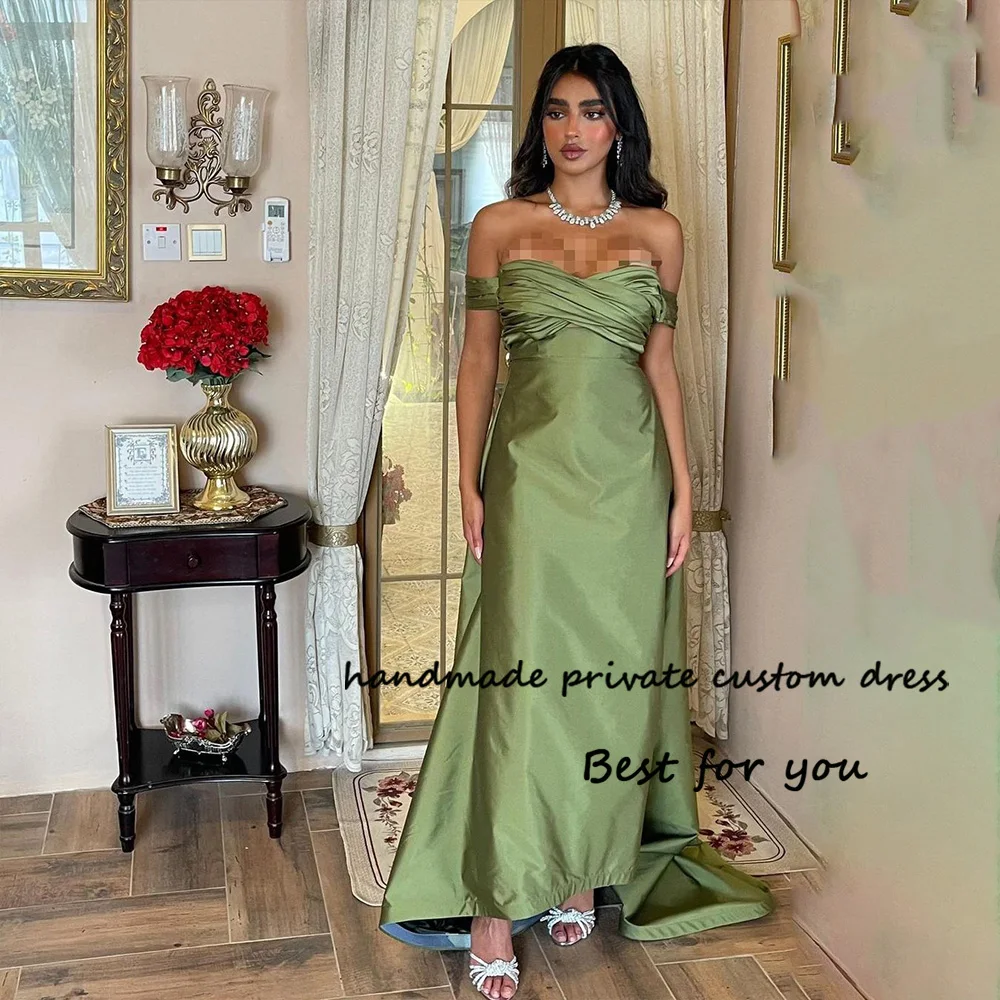 

Green Satin Mermaid Evening Dresses Off Shoulder Pleats Sweetheart Arabian Dubai Prom Party Dress with Train Long Formal Gowns