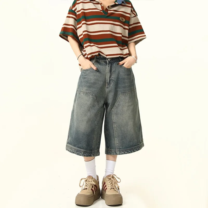 

Retro Washed Niche Denim Shorts 2026 Men's Summer Street Straight Wide-leg Old Casual Cropped Pants