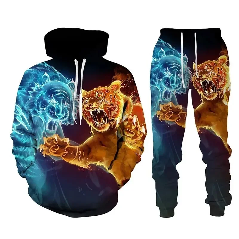 Sudadera con capucha para hombre, chándal con estampado 3D de Tigre y Animal, pantalones informales, ropa de calle de manga larga, jersey de gran tamaño, otoño e invierno, superventas