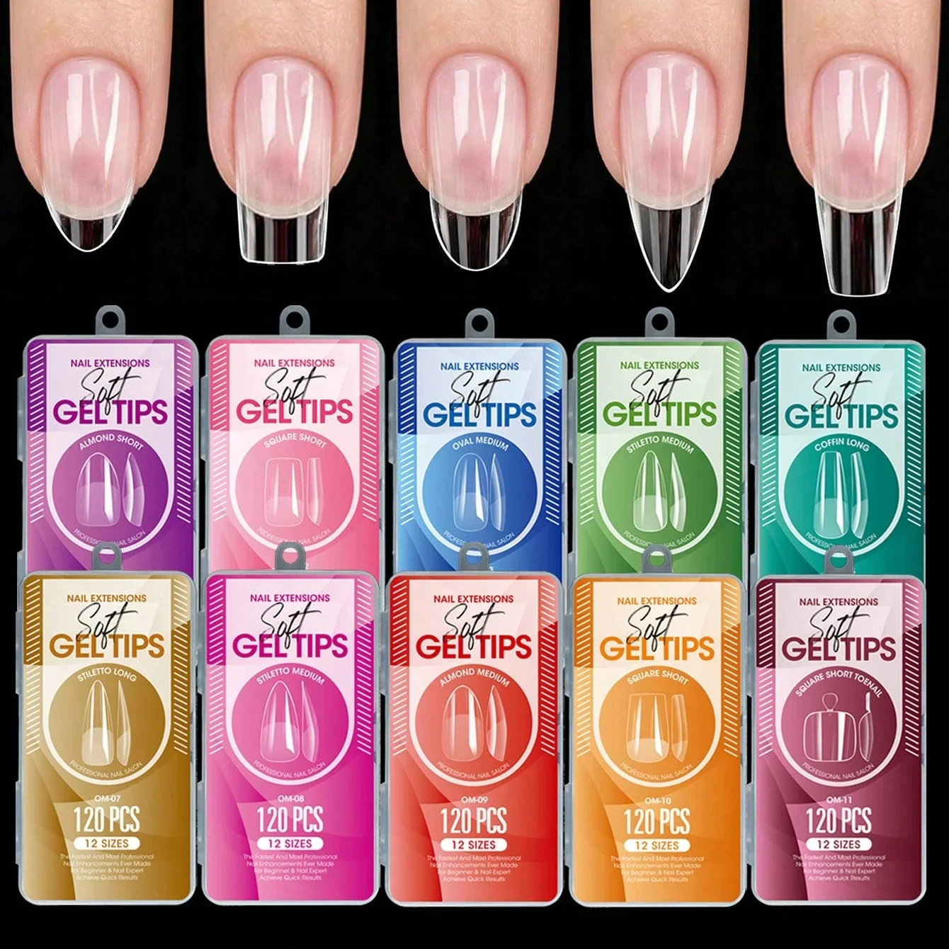 120 Uñas Postizas Acrílicas Cortas en Forma de Almendra, 12 Tamaños, Semi-Mate, Cobertura Completa, Puntas de Gel Suave, Uñas a Presión para Extensión DIY en Salón