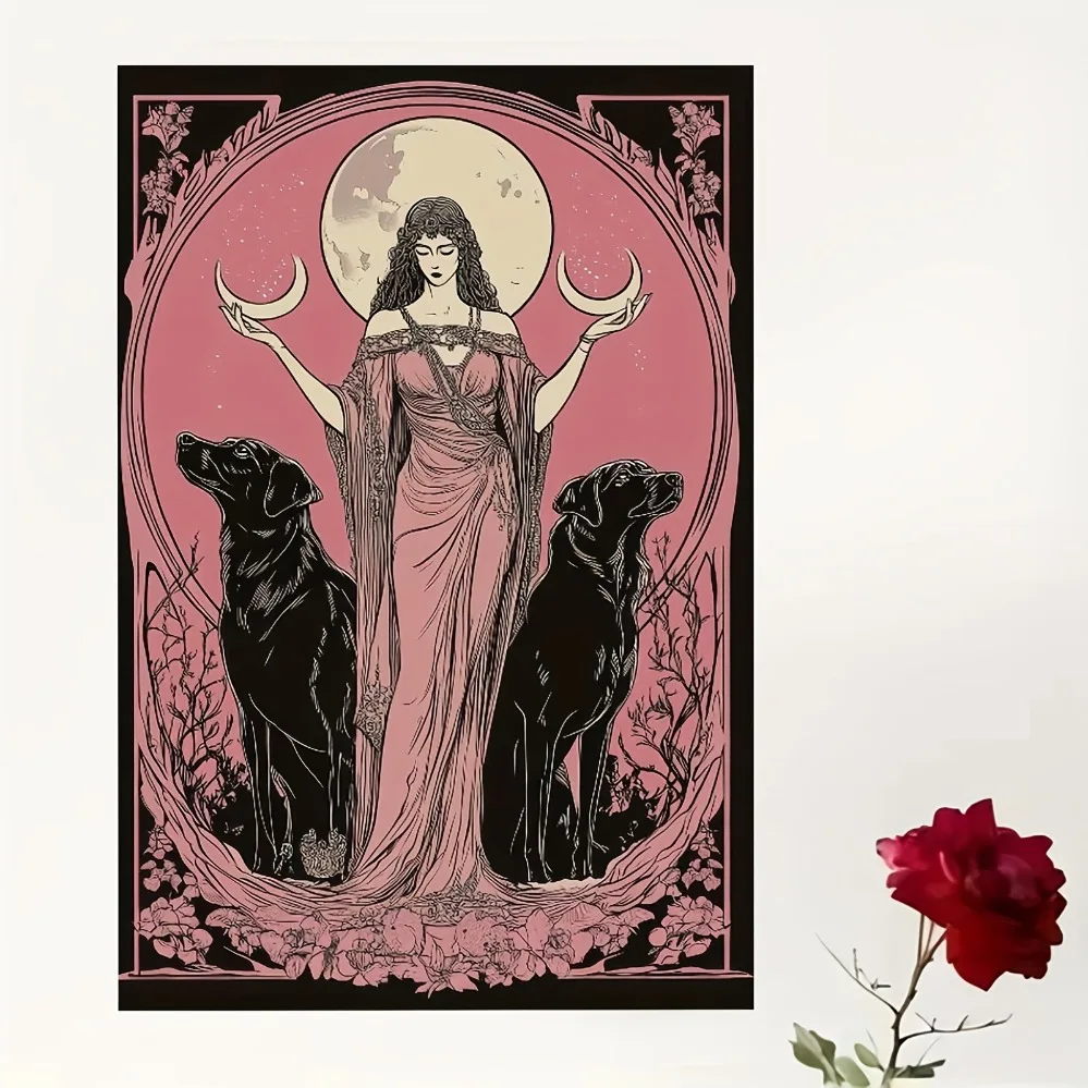 （2D Tin painting）Hecate Gothic Metal Wall Art - Mystic Witchcraft Decor with Black Dog & Pink Flowers, Halloween/Bedroom/Livi