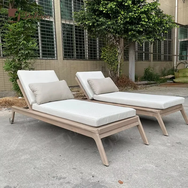 Outdoor Teak Furniture Waterproof Fabric Seat Cushion Woven Backrest with Wheels Hotel Resort Grey Wood-colored Leisure Daybed