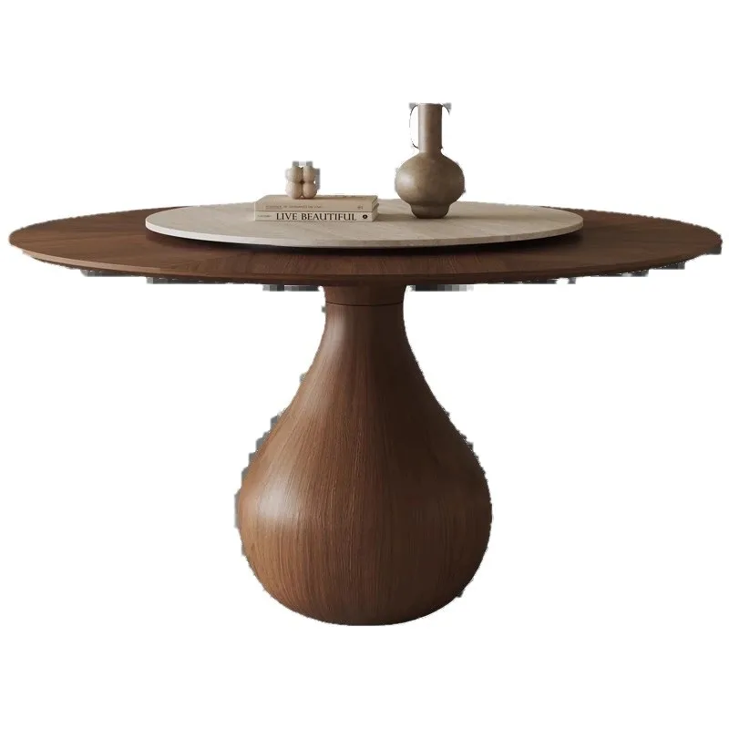 

French retro style solid wood round table household small apartment rock slab round dining table black walnut round