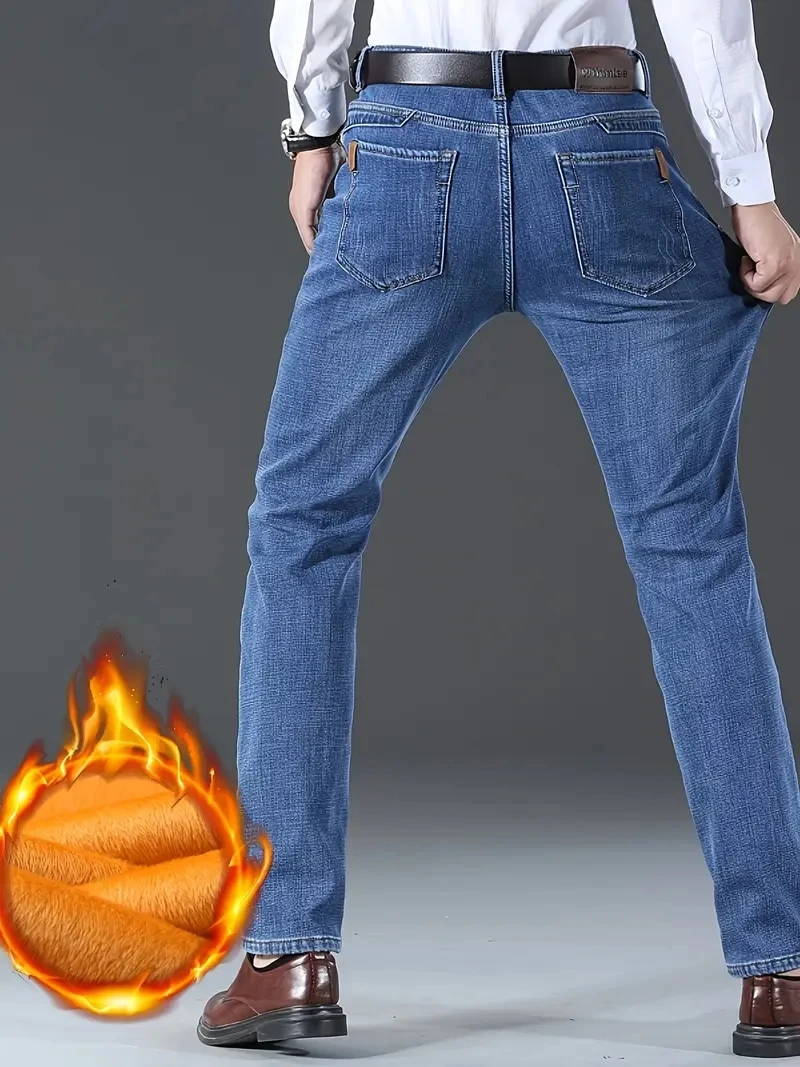 Winter Thermal Warm Plush Stretch 2026 Mens Winter Classic Business Quality Famous Brand Fleece Pants Straight Trousers  Jeans