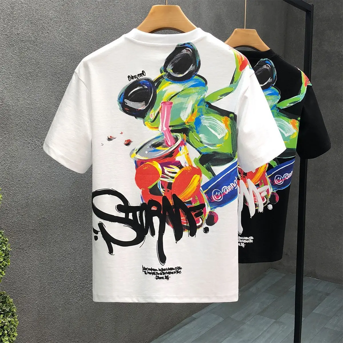 

2025 Summer New Counter Imported Color Print Frog Graffiti Short-sleeved T-shirt Men's Summer Loose High Street Half-sleeved