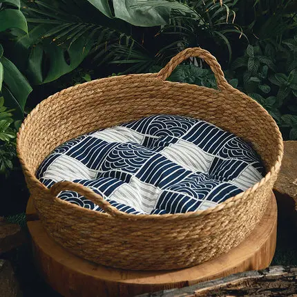 OUZEY Rotan Weven Mand Voor Kat Comfortabel Slapen Hond Bed Zomer Cool Weave Kat Huis Donut Ronde Kitten Puppy Bed