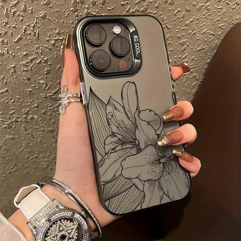 

Line lily pattern phone case for iPhone 17 16 15 14 13 12 11 Pro/ Max/Plus shock-proof rear cover anti-fingerprint