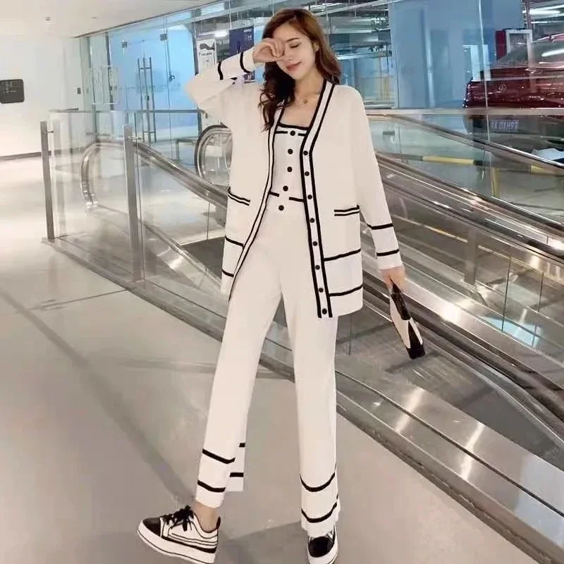 Fashion Contrast Stripe Lapel Cardigan Pocket Top+high-waisted Ankle-length Pants Knitting 2-piece Suit Female Sports Sets N704