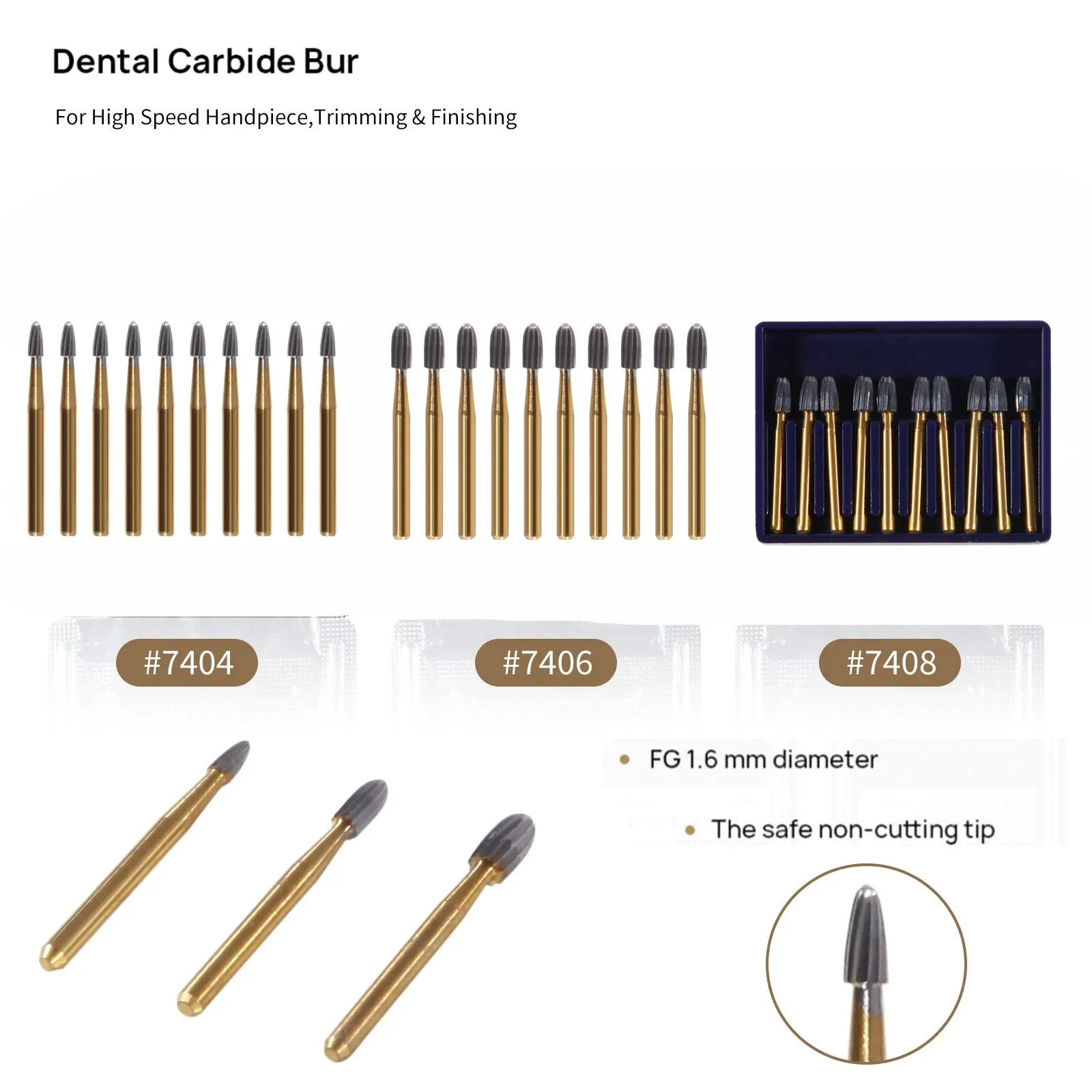

Gold Color Dental Tungsten Carbide Burs FG7404/7406/7408 Trimming & Finishing High Speed Egg Shape