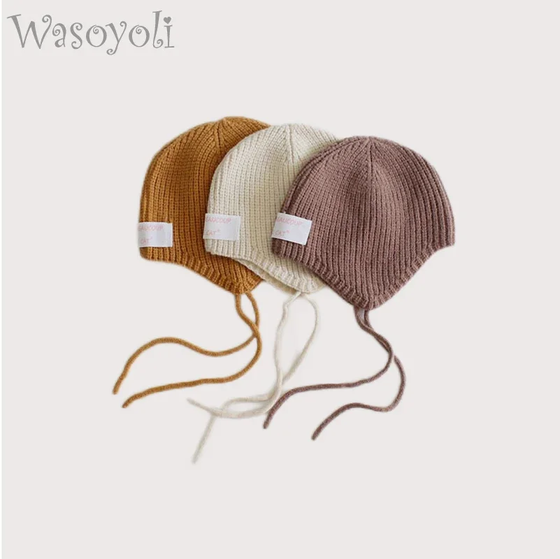 

Wasoyoli Baby Ear Protection Hats Colorful Knitted Lacing strap Cap solid Color Winter Warm Infant Caps Cute Kids Headgears