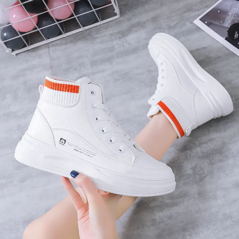 Black Women Sneakers High Top Fashion 2022 Breathable White Sport Shoes Platform Chunky Heel Wedge Leather Tennis Female Baskets