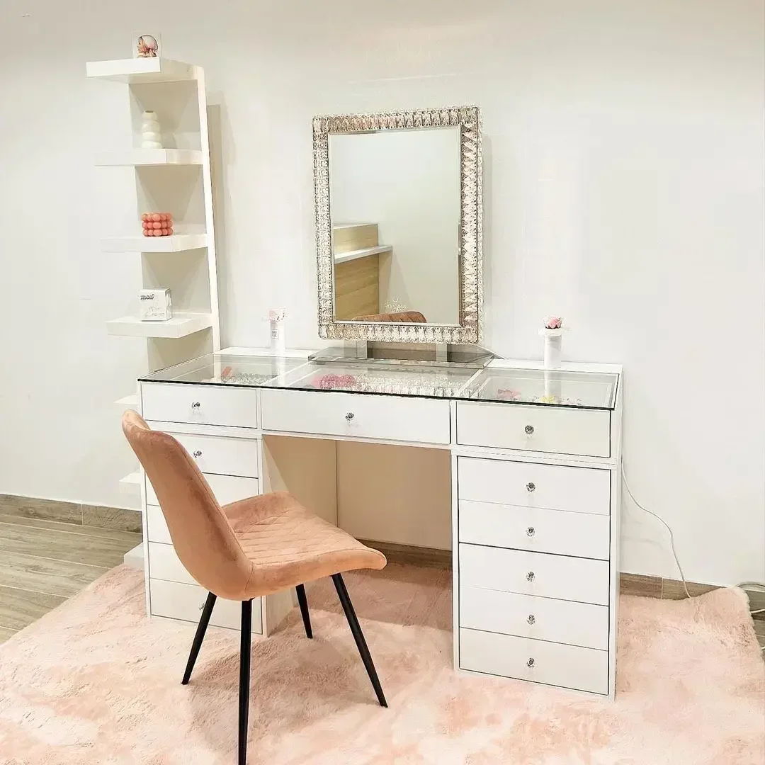 Modern glass top designs vanities bedroom furniture Dresser makeup set dressing table with mirror