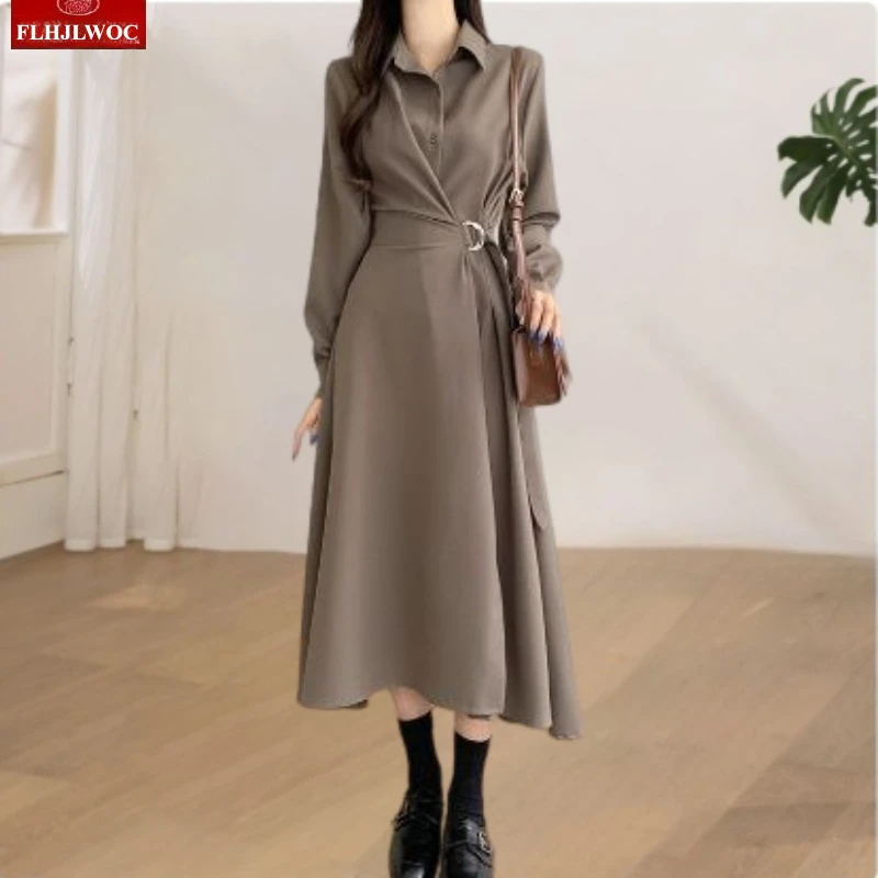 시크한 한국 의류 여성 기질 오피스룩 우아한 기본 무지 빈티지 레이스업 셔츠 드레스 여성스러운 베스티도스