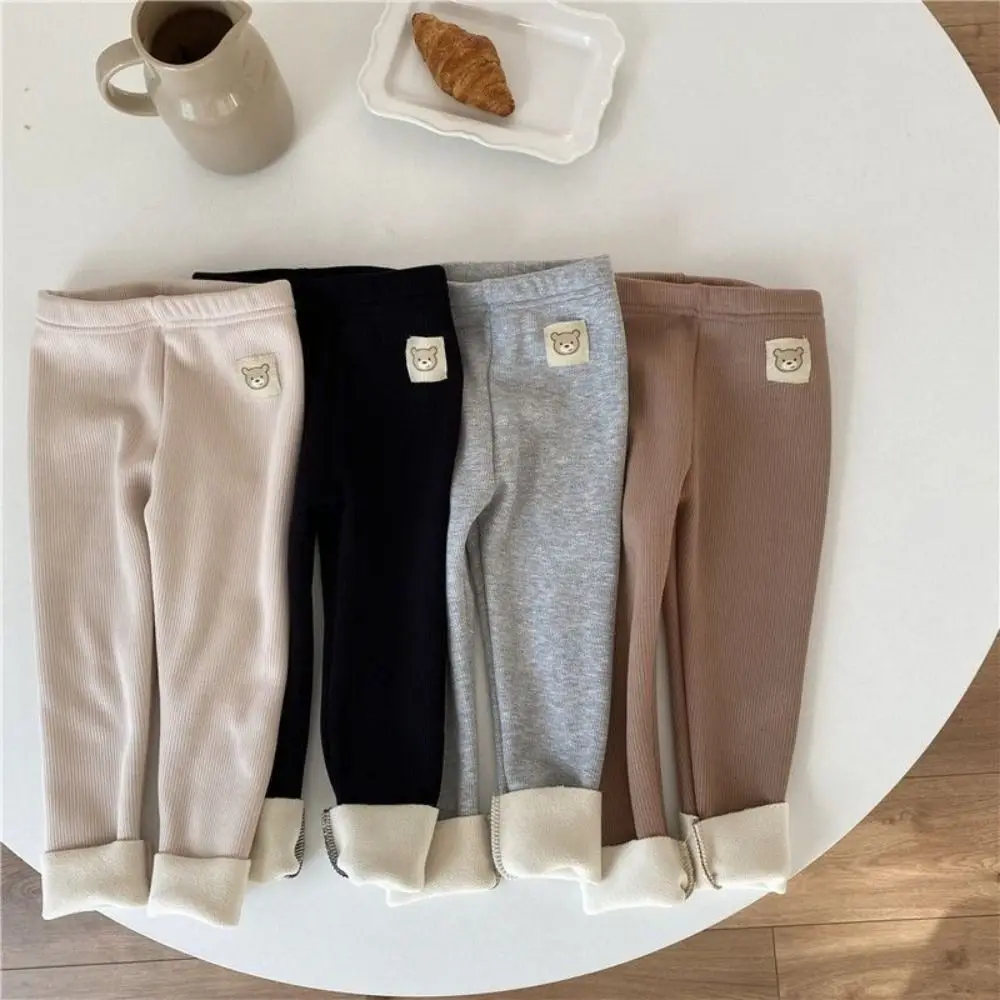 Fleece Lined Baby Legging Soft Fabric Elastic Waist Toddler Pantyhose Bear Patch Warm Thickness Baby Tight Pants
