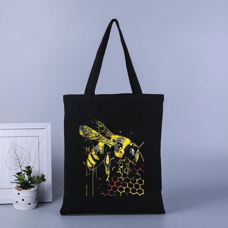 Bolsa de compras de lona con estampado de abeja, bolso de mano de gran capacidad, bolso escolar para estudiantes