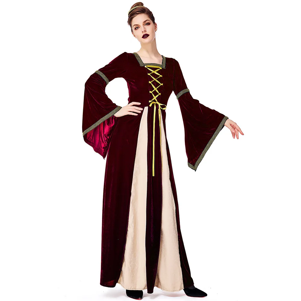 Women Cosplay Costumes Vintage Victorian Court Dress Queen Princess Green Red Velvet Medieval Gown Carnival Halloween Costume view 4
