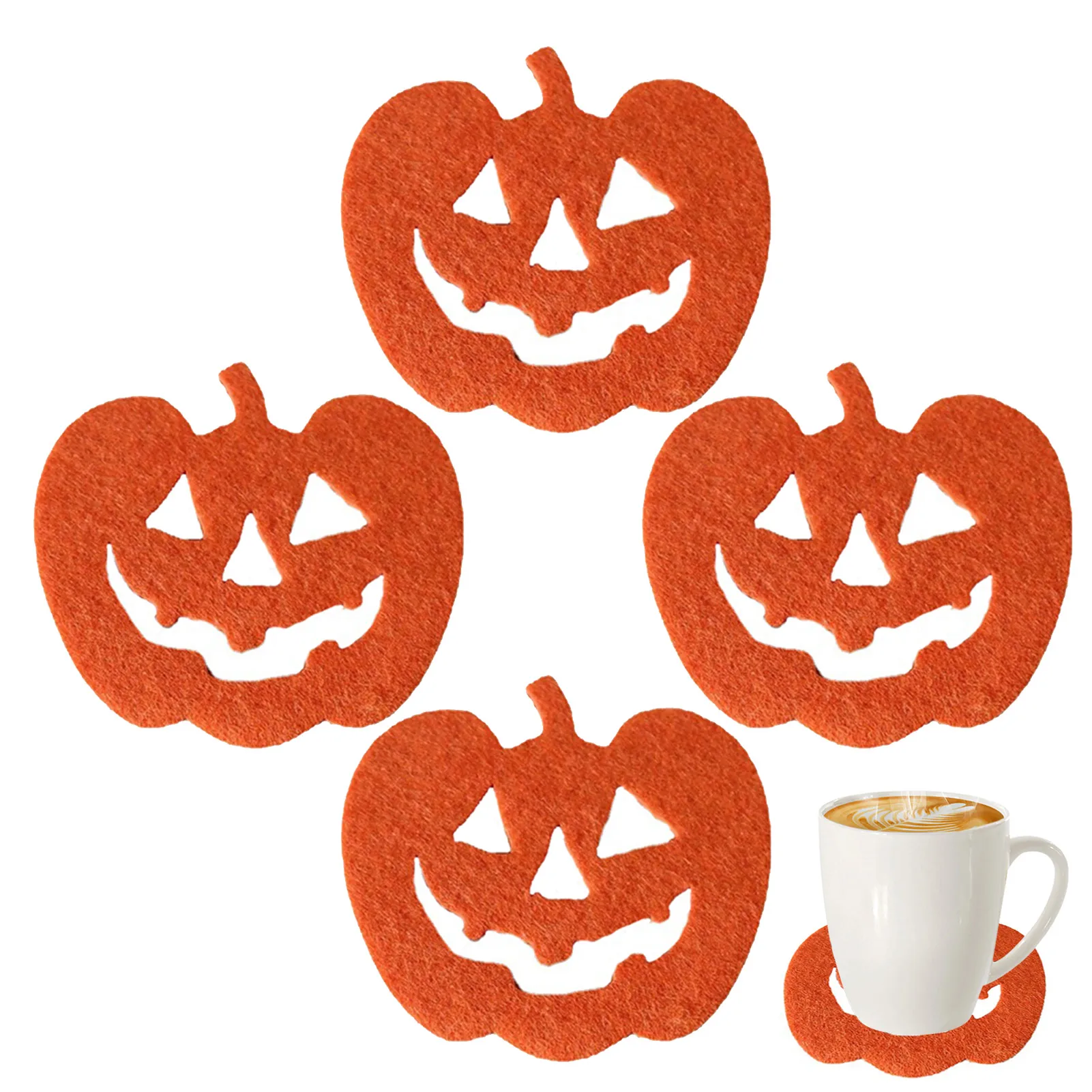 Halloween Pumpkin Cup Pad 4-pcs Halloween Coaster Cup Pad Drinks Mat Pumpkin Shaped Cup Mat Set For Halloween Table Decor Drink