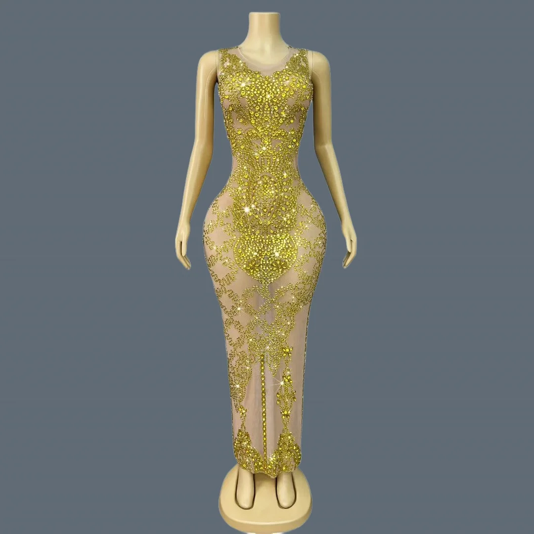 

Black Tie Gala Party Luxury Evening Gown Birthday Prom Sparkly Crystals High-end Golden Long Dress See Through Mesh Outfit Dajin