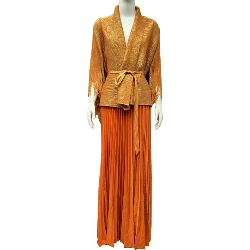 

Miyake Set Hot Stamping Tassel Cape Jacket Women's Floor Length Skirt Two-piece Set African Irregular Top Versatile Half Skirt