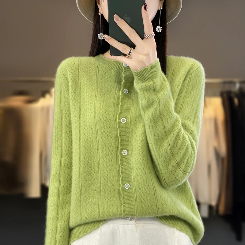 2024 Spring Autumn Winter New 100% Merino Wool Crewneck Sweater Cardigan Women's Fashion Jacquard Knit Cardigan Wave Edge Top