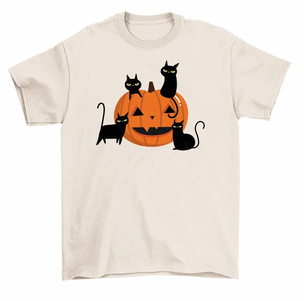 Jack-O-Lantern Black Cats Cute Halloween T-Shirt Women Unisex High Quality 100%Cotton Short Sleeve