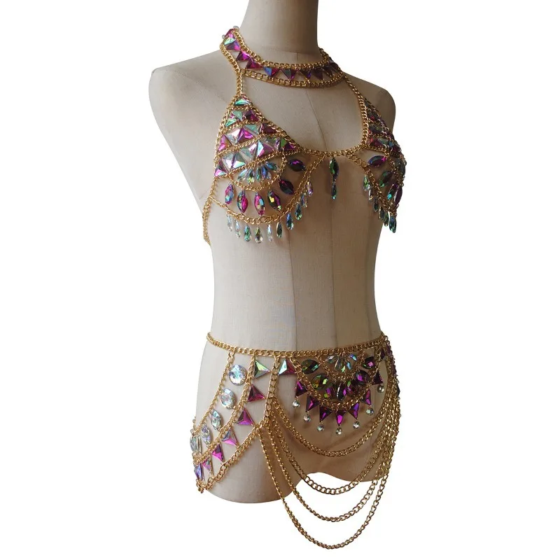 Customized Sexy Steel Tube Belly Dance Bra Color Diamond Crystal Pendant Chest Chain Personalized Waist Chain Body Chain