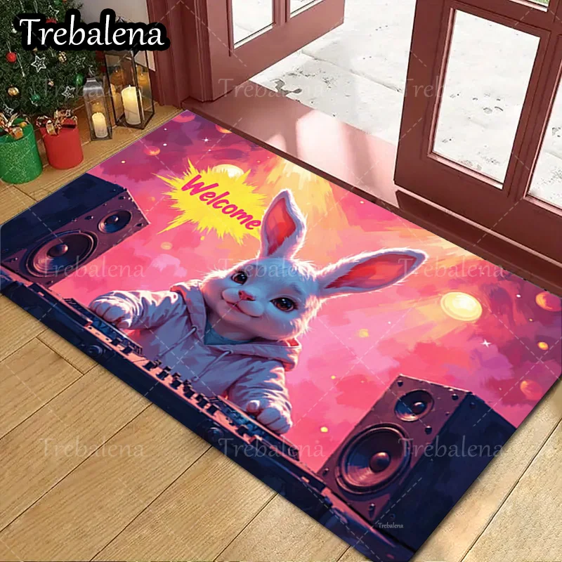 

1pc Welcome Door Mat Cute Bunny DJ Welcome Mat for Home Decor Floor Rug Entrance Doormat