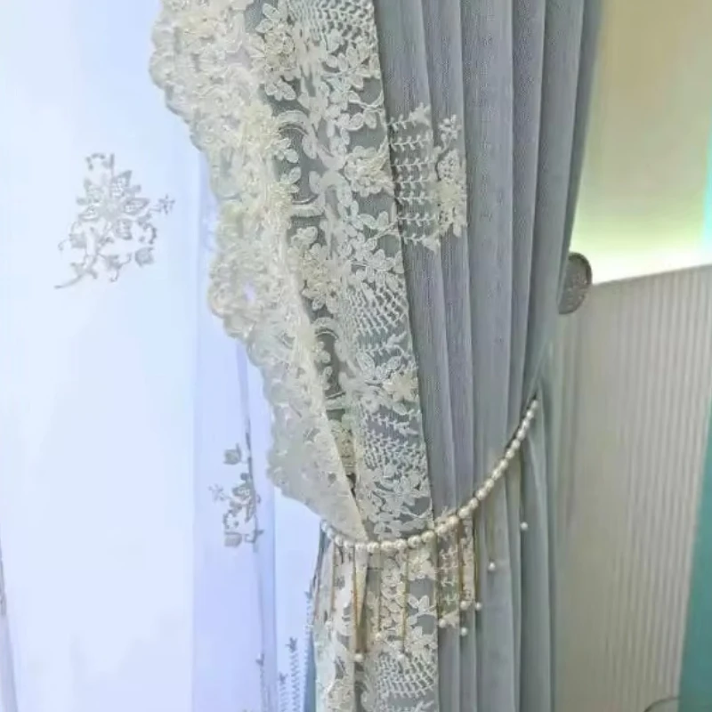 European-Style Embroidered Luxury Blue Curtains for Living Room Bedroom Screen Window Valance Chenille Curtains Customize